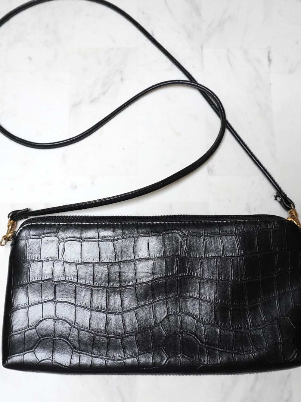 Vintage 90s Paradox Croc Embossed Black Leather Purse Clutch & Shoulder Bag